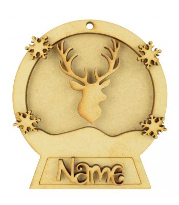 Laser Cut Personalised 3D Snowglobe Christmas Bauble - 100mm Size - Stag Head